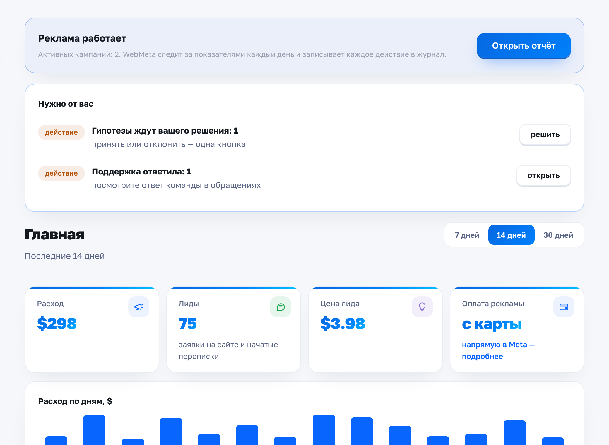Главная кабинета WebMeta
